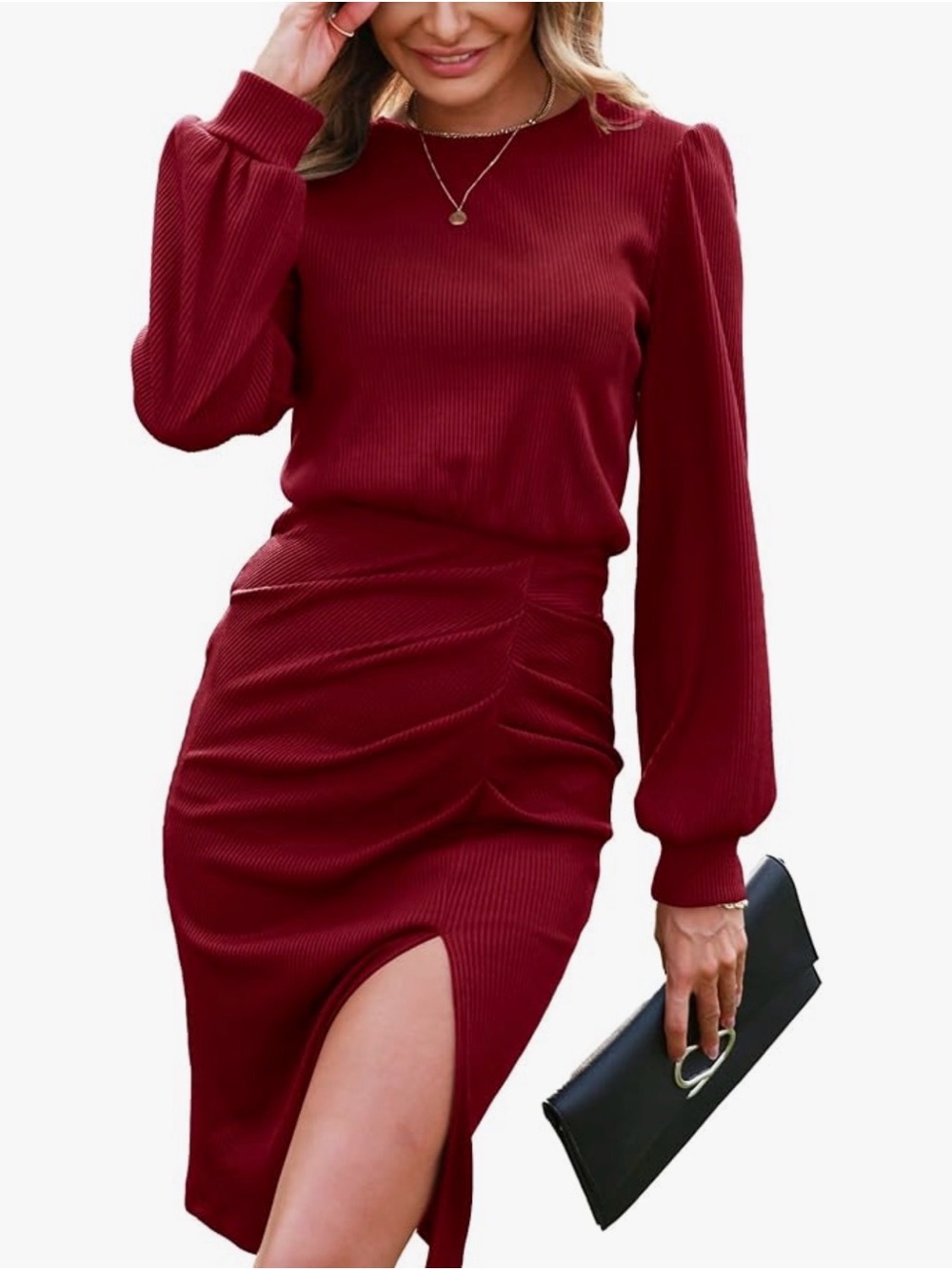 Women’s Red Ruched Long-Sleeve Dress